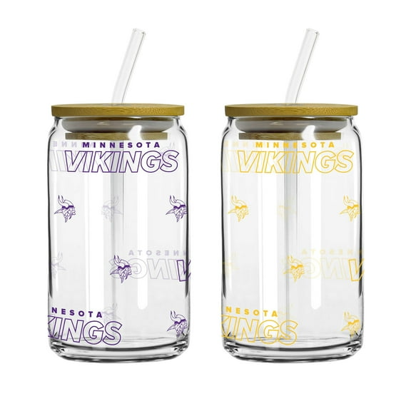 Logo Brands Minnesota Vikings 16oz. Step And Repeat Glass Can with Lid & Straw 2-Pack