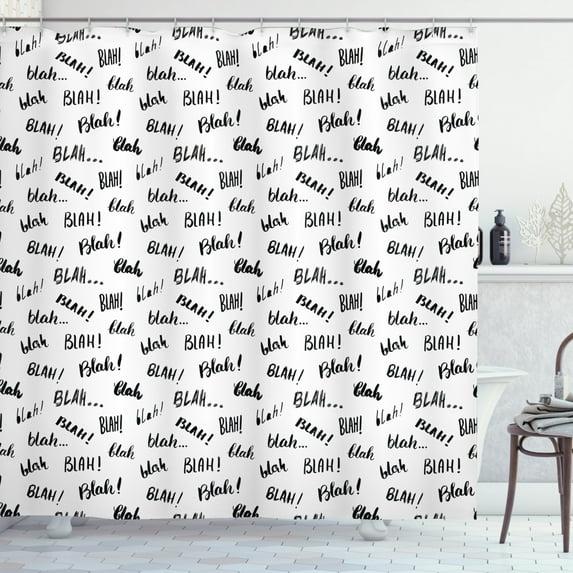 Funny Words Shower Curtain, Blah Blah Words in Hand Written Style Nonsense Expression Discussion Theme, Fabric Bathroom Set with Hooks, 69W X 84L Inches Extra Long, Black and White, by Ambesonne