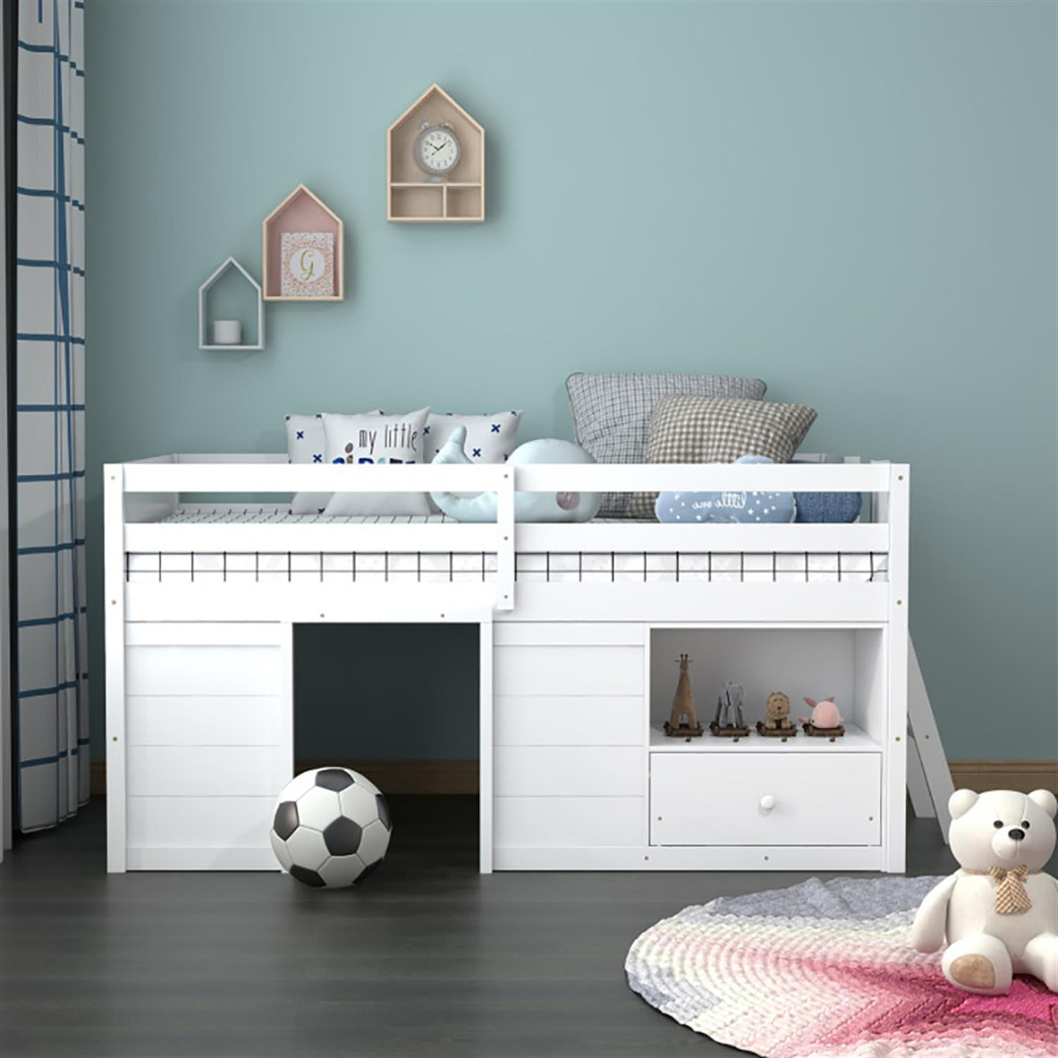 Demi Bonn Twin Size Solid Wood Low Loft Bed with Storage and Drawer for Teens, White