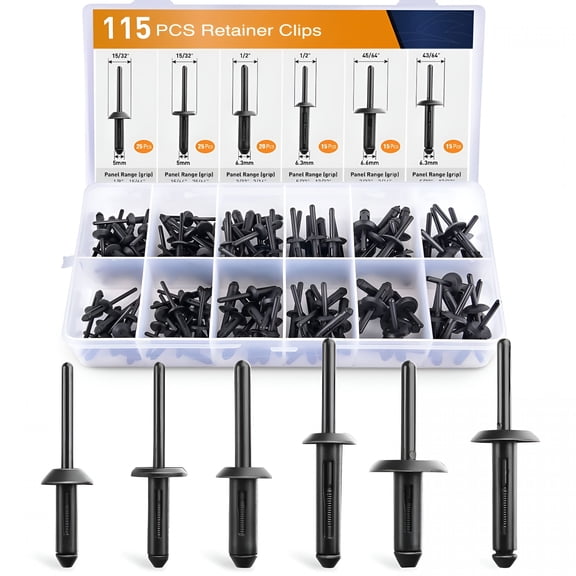 ZHZFKQ 115 Pcs Automotive Nylon Universal Pop Rivet Assortment - 6 Most Popular Sizes & Applications