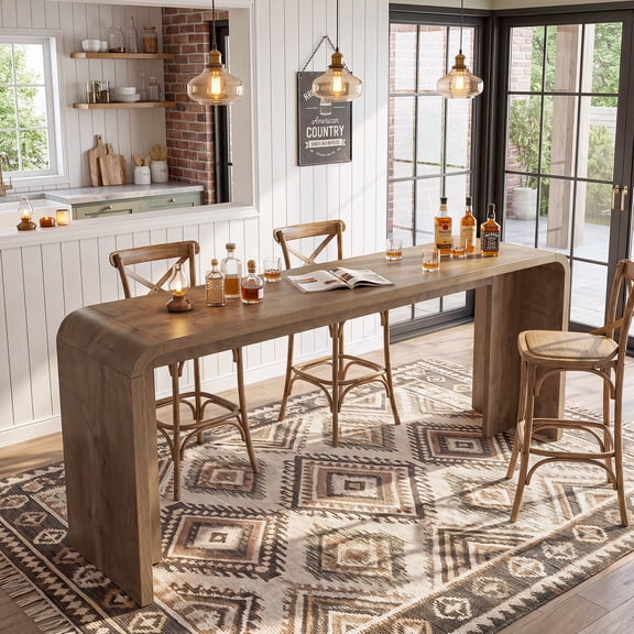 Finmind 70.9" Long Bar Table, Farmhouse Narrow Counter Height Pub Table with Curved U‑Shaped Base for Kitchen, Dining Room, Walnut