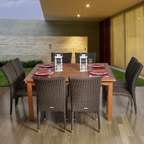 Amazonia Provence 9 Piece Square Patio Dining Set | Eucalyptus Wood and Wicker Chairs | Ideal for Outdoors and Indoors