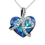 PEIKMO Sterling Silver "I Love You Forever" Heart Pendant Necklace with Birthstone Crystals