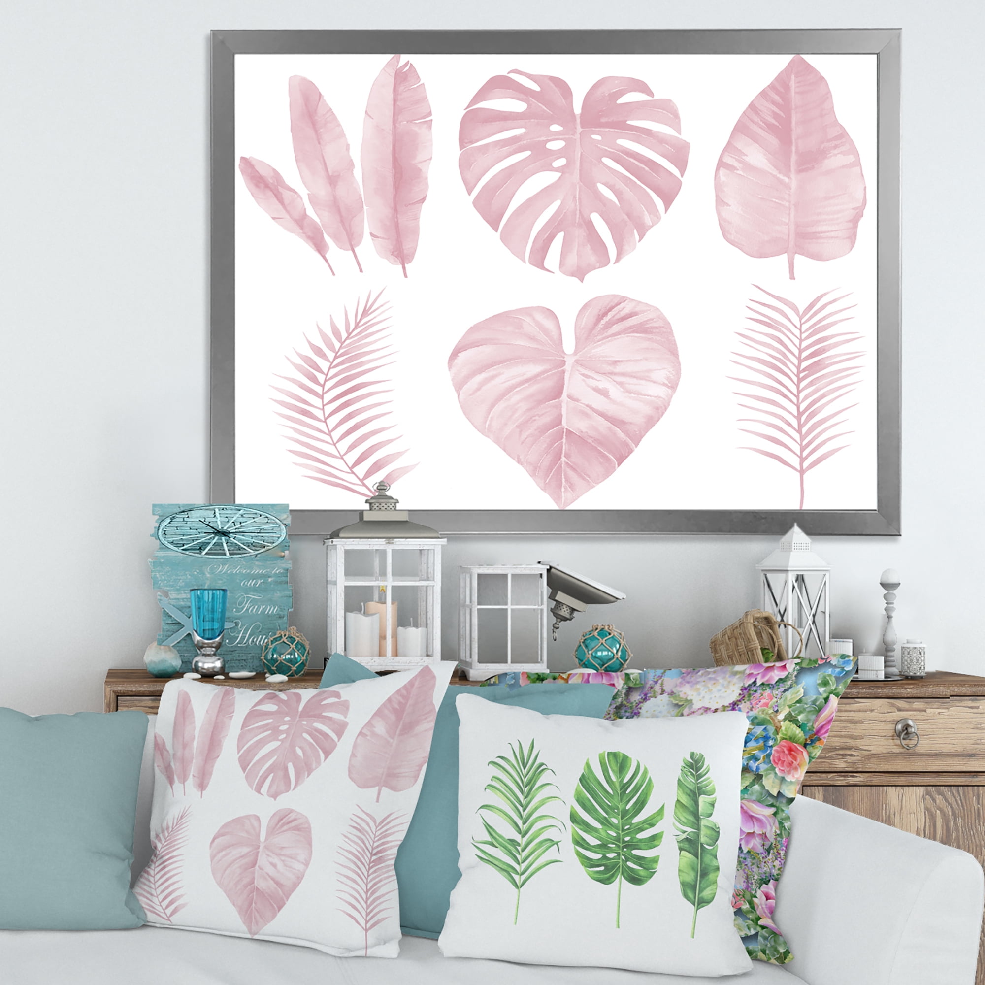 Designart 'Tropical Pink Watercolour Leaves On White I' Shabby Chic Framed Art Print