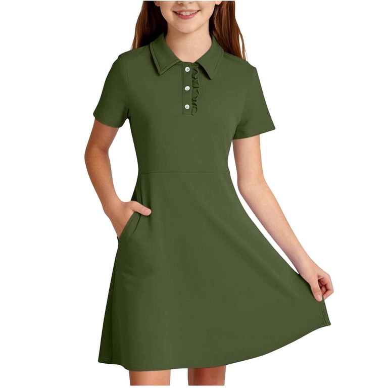 Miluxas Kids Girls Soft Skater Dress, Short Sleeve Ruffle Button Collar A-Line Dress with Pockets, Breathable Casual Summer Uniform Dress for Girls