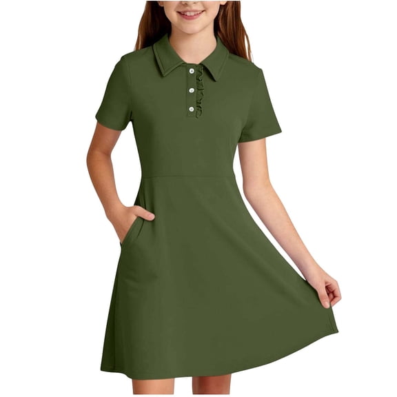 Ovbmpzd Little Girls Dresses School Clean Fit Army Green Dresses Comfortable Casual Short Sleeves Dresses,5-6 Years