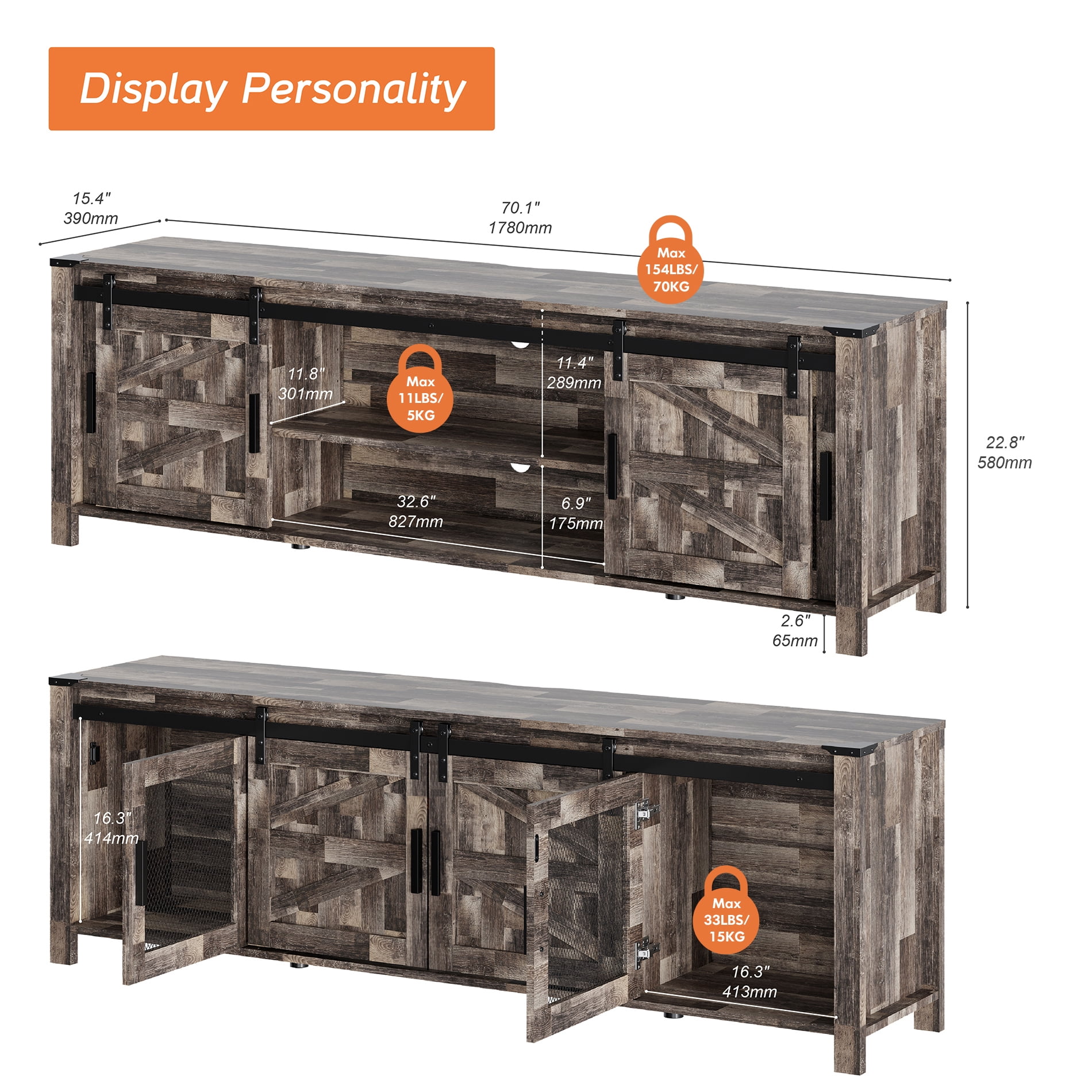 Wampat Television Stand with Storage Cabinets, Wood Metal White, 22.80 x 15.40 x 70.00 Inches