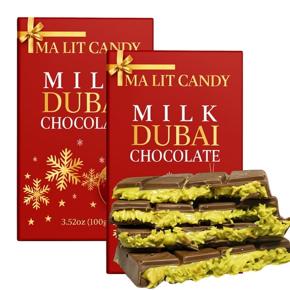 Dubai Chocolate Bar - 2 Pack (3.52 oz each) - Luxury MA LIT CANDY Milk Dubai Chocolate with Pistachio & Knafeh (Kataifi) - Viral Dubai Chocolate