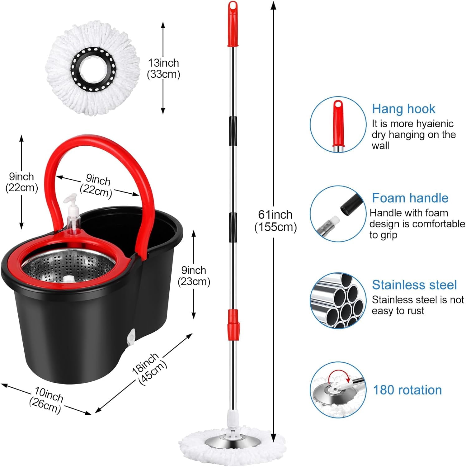 Spin Mop and Bucket with Wringer Set, 360 Spinning Mop Bucket System with 3 Microfiber Mop Replacement Heads and 61" Stainless Steel Adjustable Handle for Floor Cleaning (20QT)
