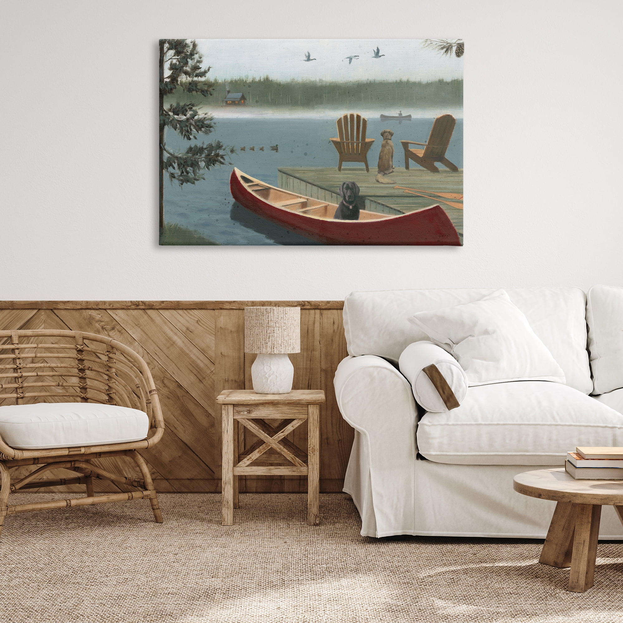 Stupell Industries Dogs on Lake Dock Landscape & Nature Painting Wrapped Canvas Art Print Wall Art, 45 x 30