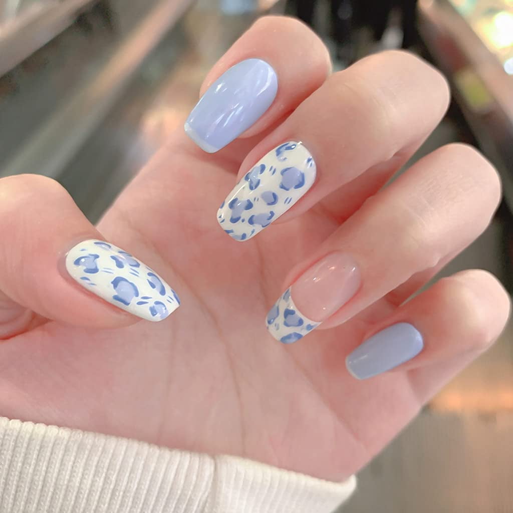 Press On Nails Medium Length Acrylic Nails Blue Nails Coffin Fake Nails Glossy Full Cover False Nails For Women Walmart Com