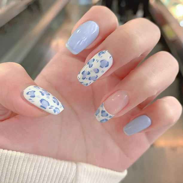 Press On Nails Medium Length Acrylic Nails Blue Nails Coffin Fake Nails Glossy Full Cover False Nails For Women Walmart Com
