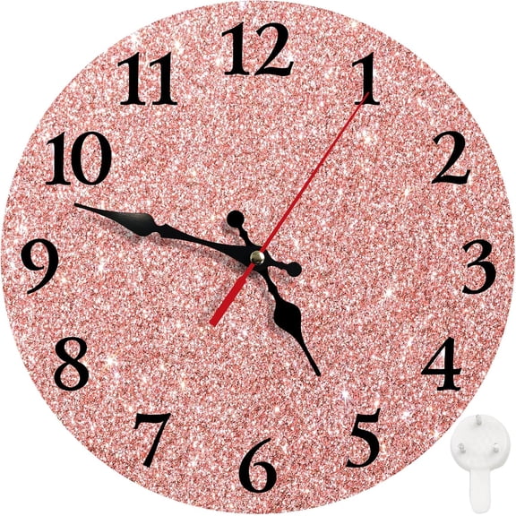 Round Wall Clock Silent Non-Ticking Battery Operated Clock 10 Inch, Rose Gold Pink Glitter Home Decor for Living Room, Bathroom, Bedroom, Kitchen, Office and School