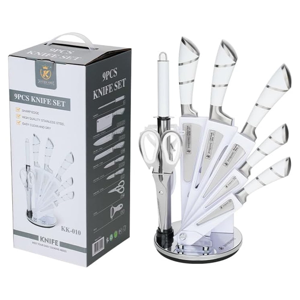 Kitchen Knife Set, 9-Piece White Sharp Non-Stick Coated Chef Knives Block Set,Stainless Steel Knife Set for Kitchen with Sharpener for Cutting Slicing Dicing Chopping