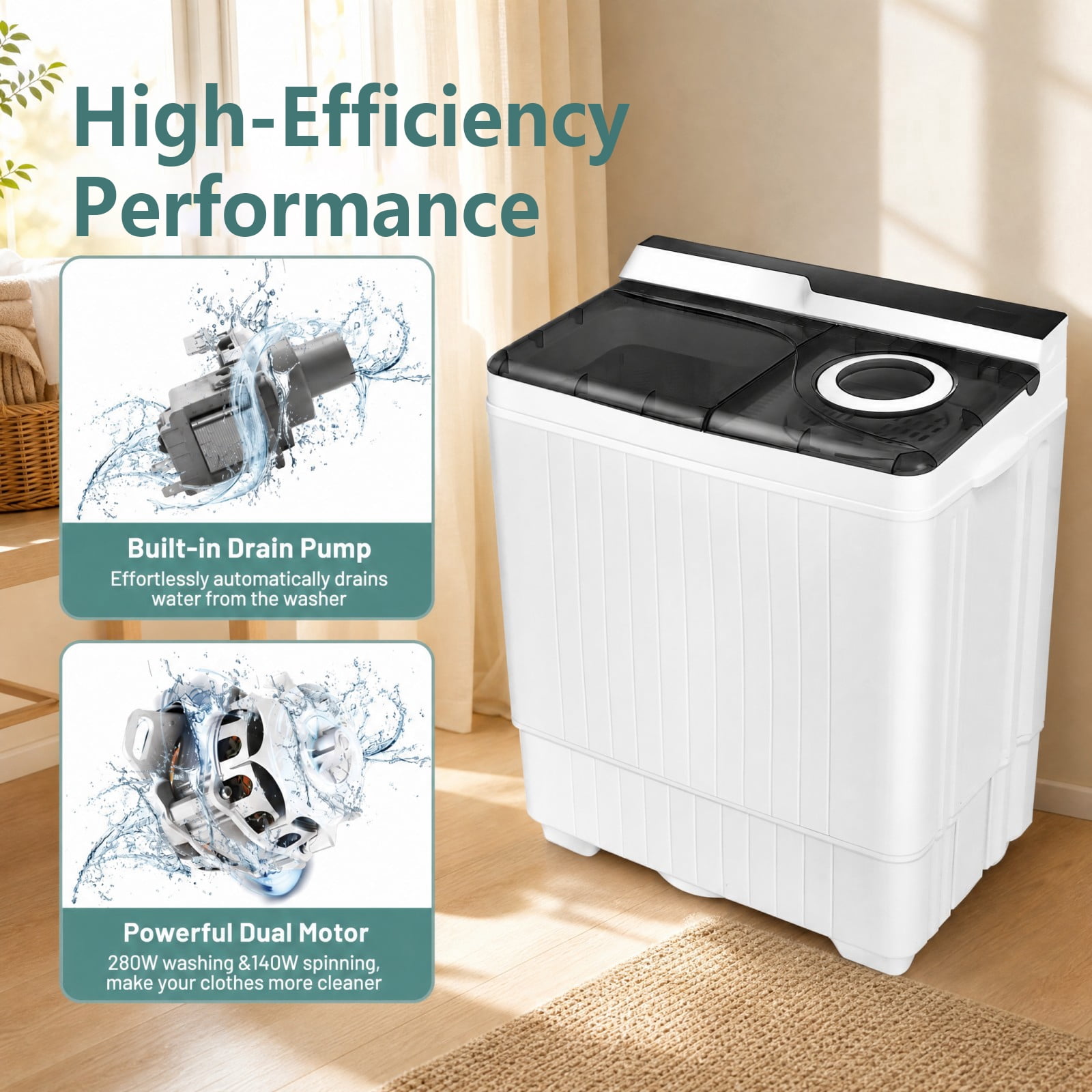 Costway 26lbs Portable Semi-automatic Washing Machine W/Built-in Drain Pump Grey