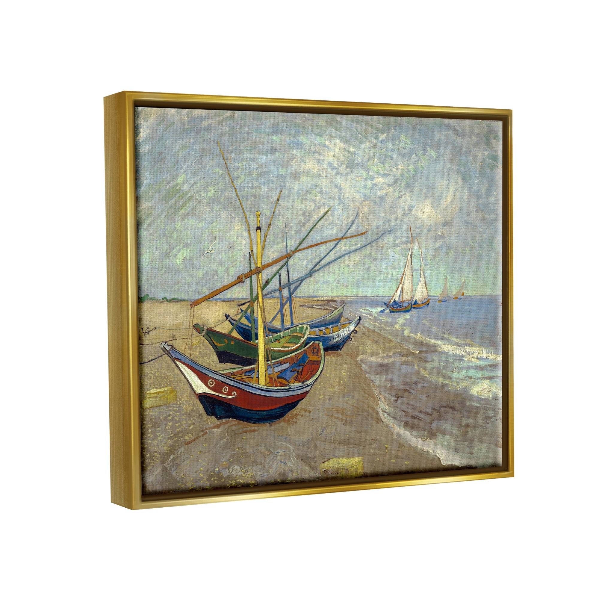 Stupell Industries Fishing Boats on Beach Saintes Maries Vincent van Gogh Painting Painting Metallic Gold Floating Framed Canvas Print Wall Art, Design by one1000paintings