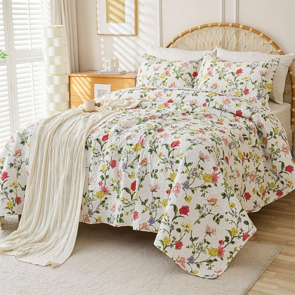 3 Piece Floral Quilt Sets Queen Size, Soft Lightweight Microfiber Bedspreads Reversible Coverlet