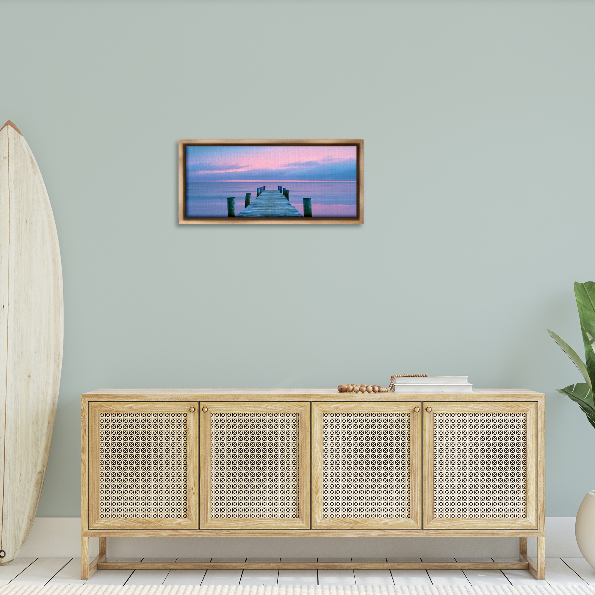 Stupell Industries Dock at Sunset Horizon Nature Photography Brown Floater Framed Canvas Art Print Wall Art, 31 x 14
