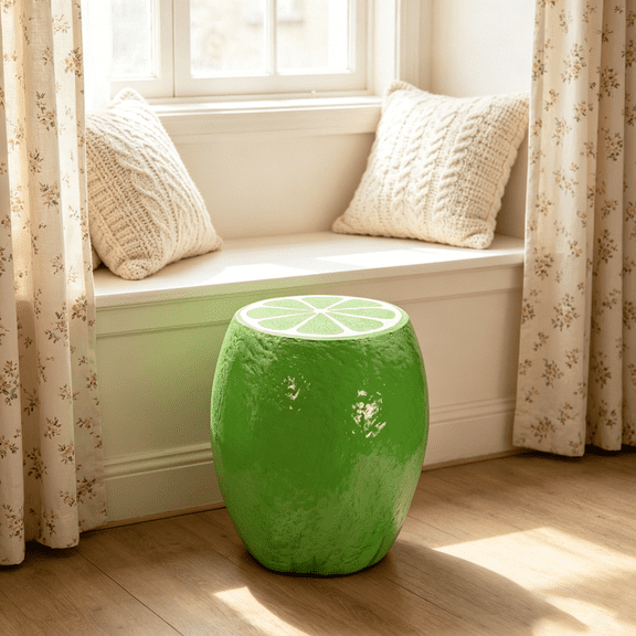 Green Round Resin 14.17 in. Outdoor Side Table Lemon Fruit Stool for Backyard, Pool, Lawn