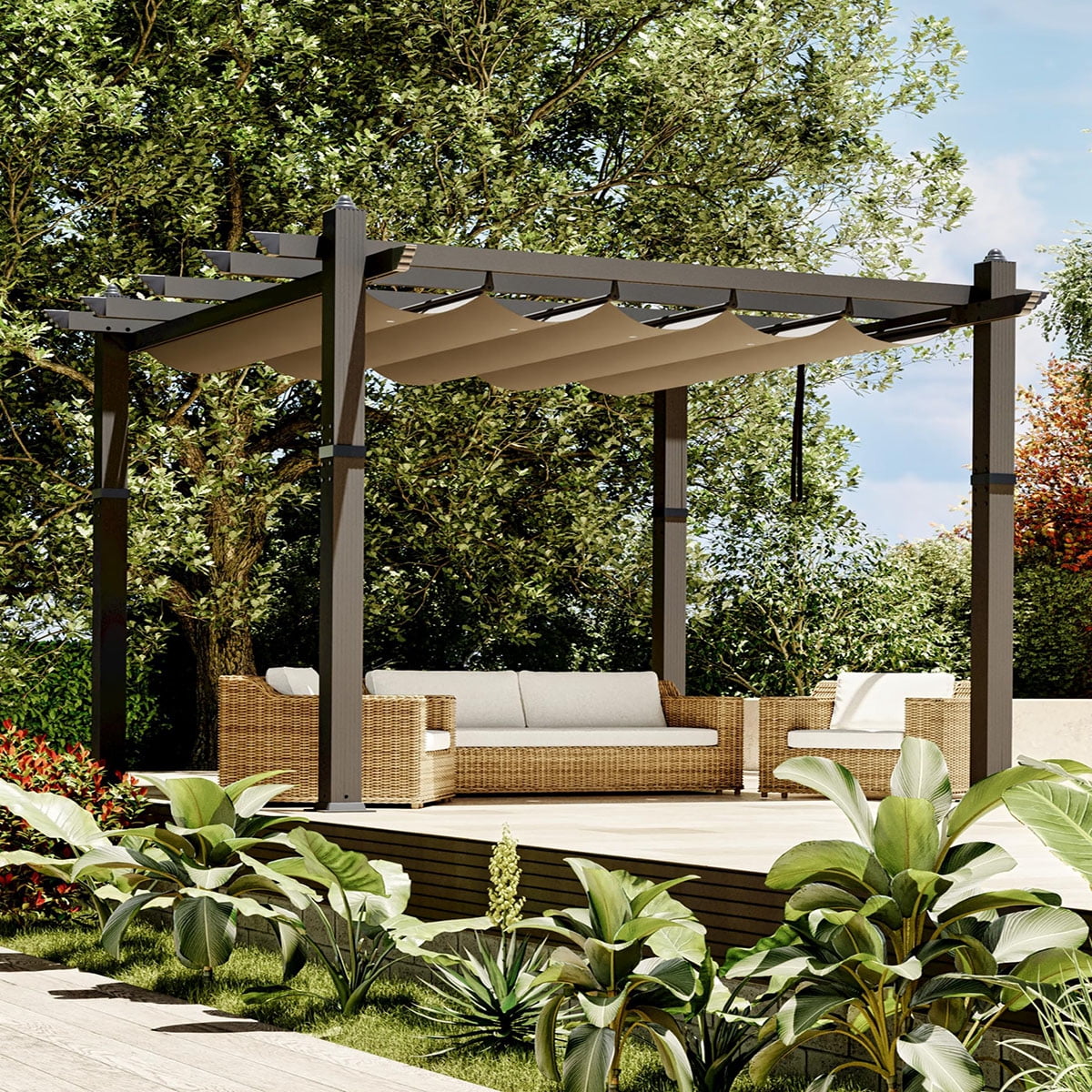 Danolapsi Outdoor Pergola 10 x 10ft Aluminum Pergola, Outdoor Shelter Modern Design with Adjustable Roof Sun Shade Pavilion Grape Trellis Grill Gazebo for Gardens, Patios, Garden Yard, Poolside, Deck