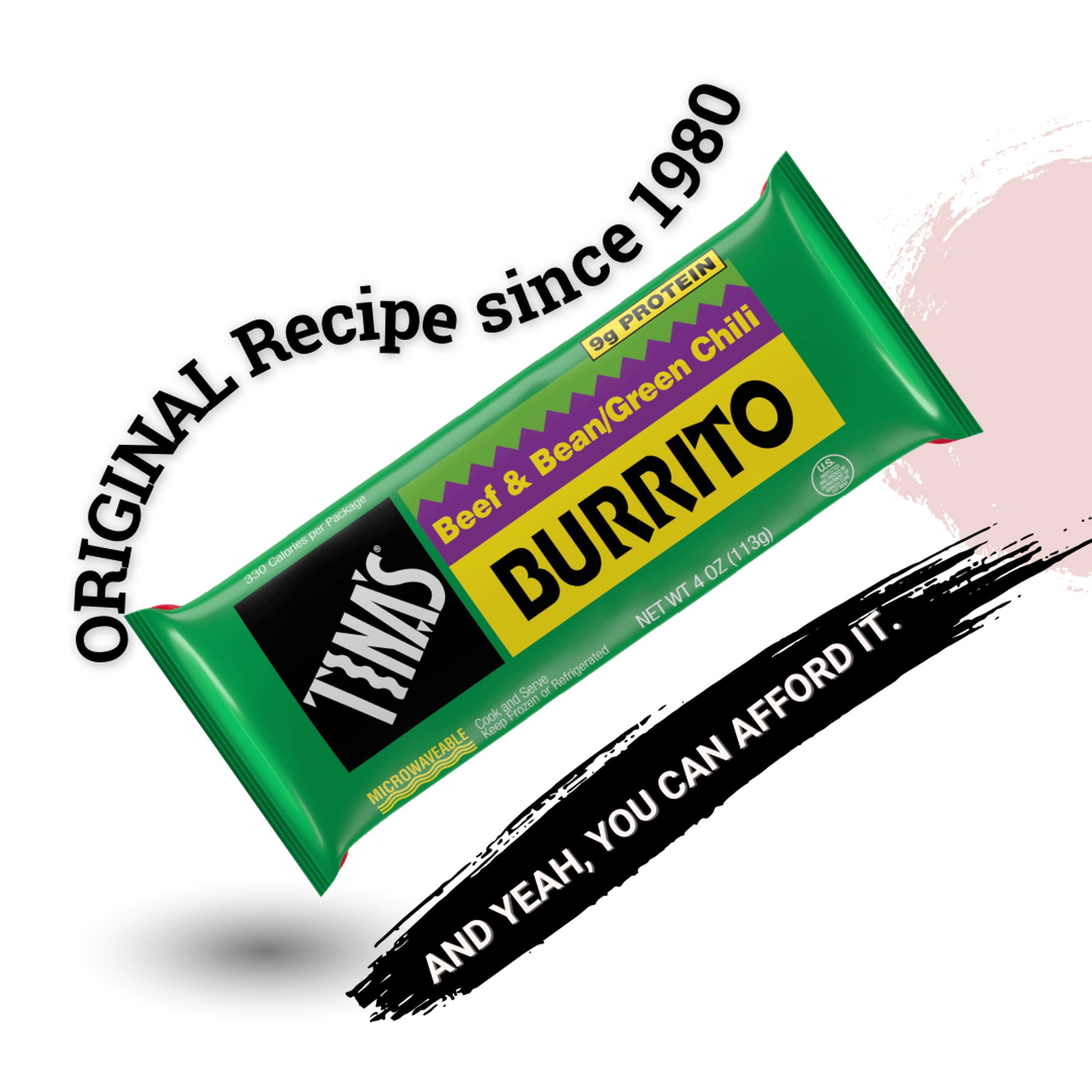 Tina’s Frozen Beef & Bean Green Chili Burrito, 9g Protein, 4 oz