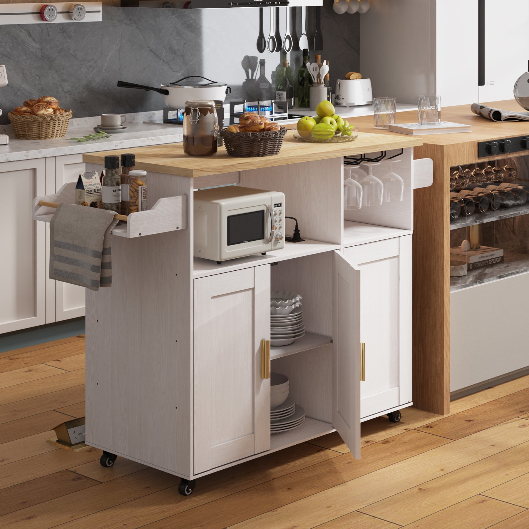 ZOPEND Rolling Mobile Kitchen Island Cart Bar, Island Cart with 5 Wheels, Power Socket and Towel Rack，White