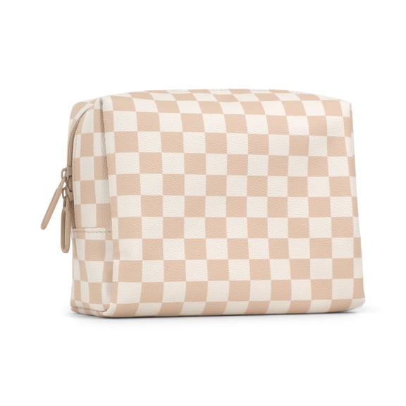 packlab Large Checkered Cosmetic Bag, 4 Interior Pockets, Wipeable, Beige