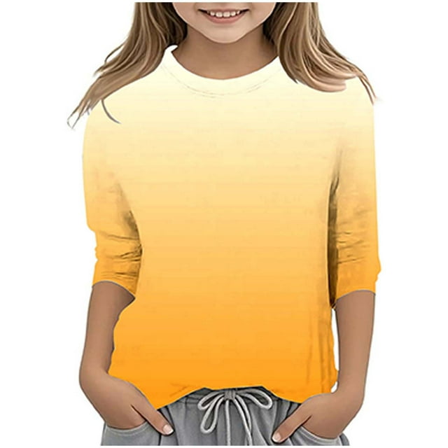 Splozh Tuniques pour Filles Haut Fille Décontracté Col Rond Manches Trois Quarts T-Shirt Régulier Basique Haut à Manches 3/4 Jaune, 6-7 Ans