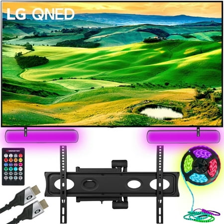 LG 65QNED80UQA 65 Inch QNED Mini-LED Smart TV (Renewed) Bundle with Monster TV Full Motion Wall Mount for 32-70 inch with 6 Piece Sound Reactive Lighting Kit