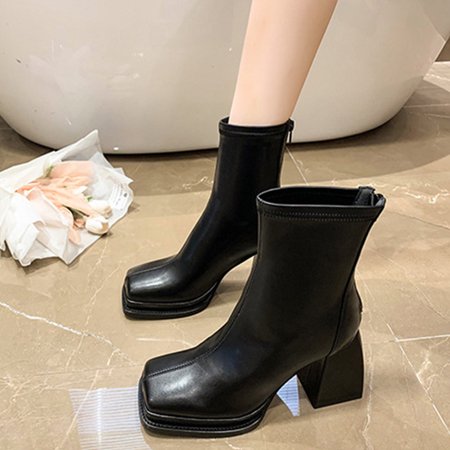 

Tawop Slip On Walking Shoes for Women High Heel Leather Shoes Boot Zipper Waterproof Soft Chunky Heel Squares Toe Boot Rubber Black 35(Us:4.5)