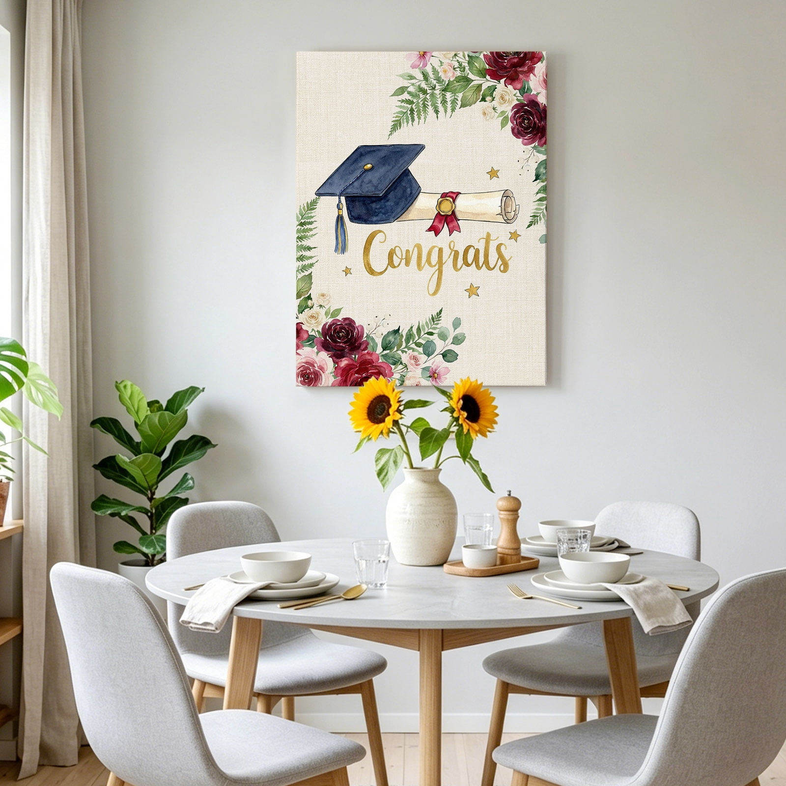 Graduate Season Canvas Wall Art for Living Room, Congrats Grad Bachelor's Cap Flower Leaf Star Wall Decor Framed Artwork Pictures Ready to Hang for Bedroom Office Home Decor