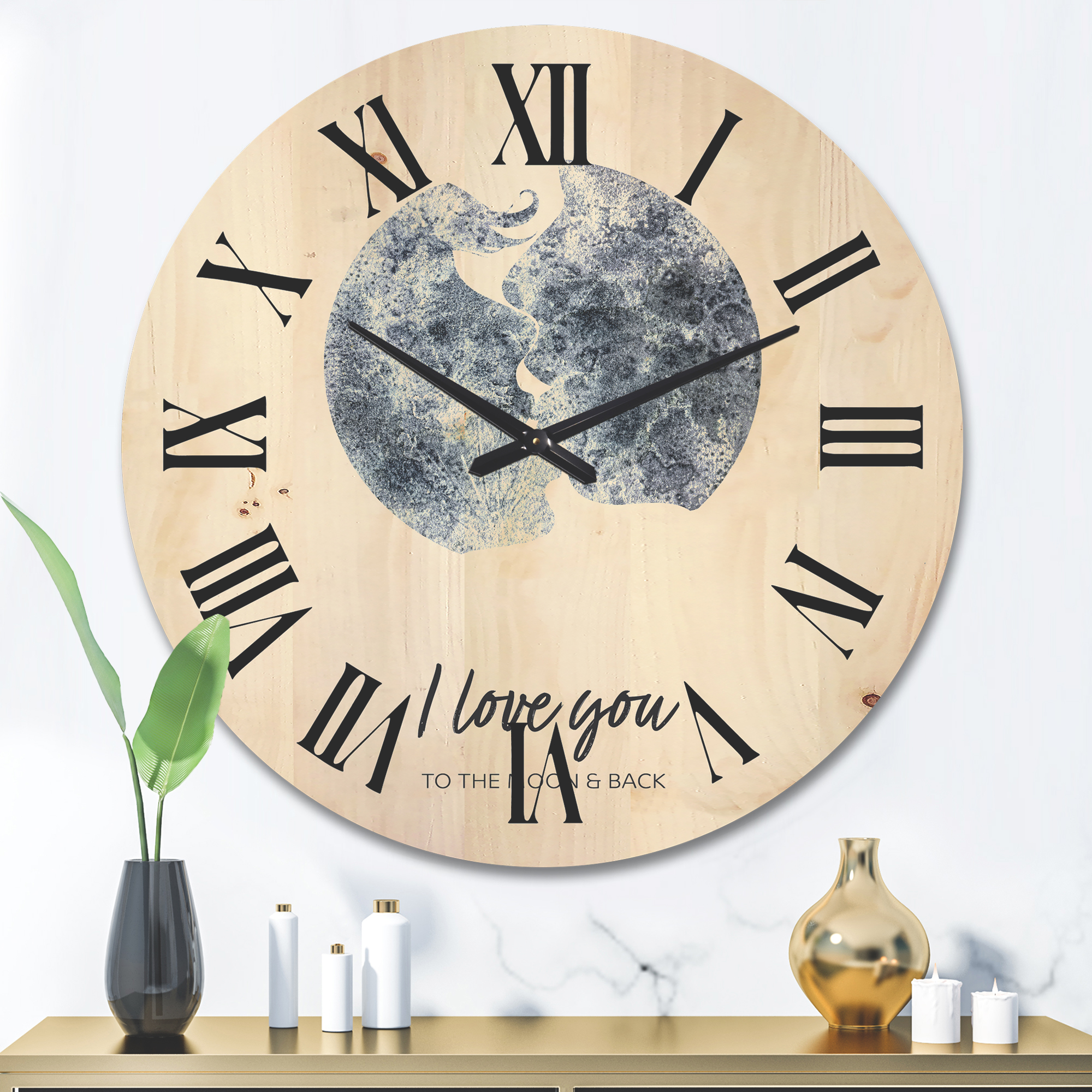 Designart 'Kiss of Two Lovers In Romantic Moon Shape' Modern Wood Wall Clock