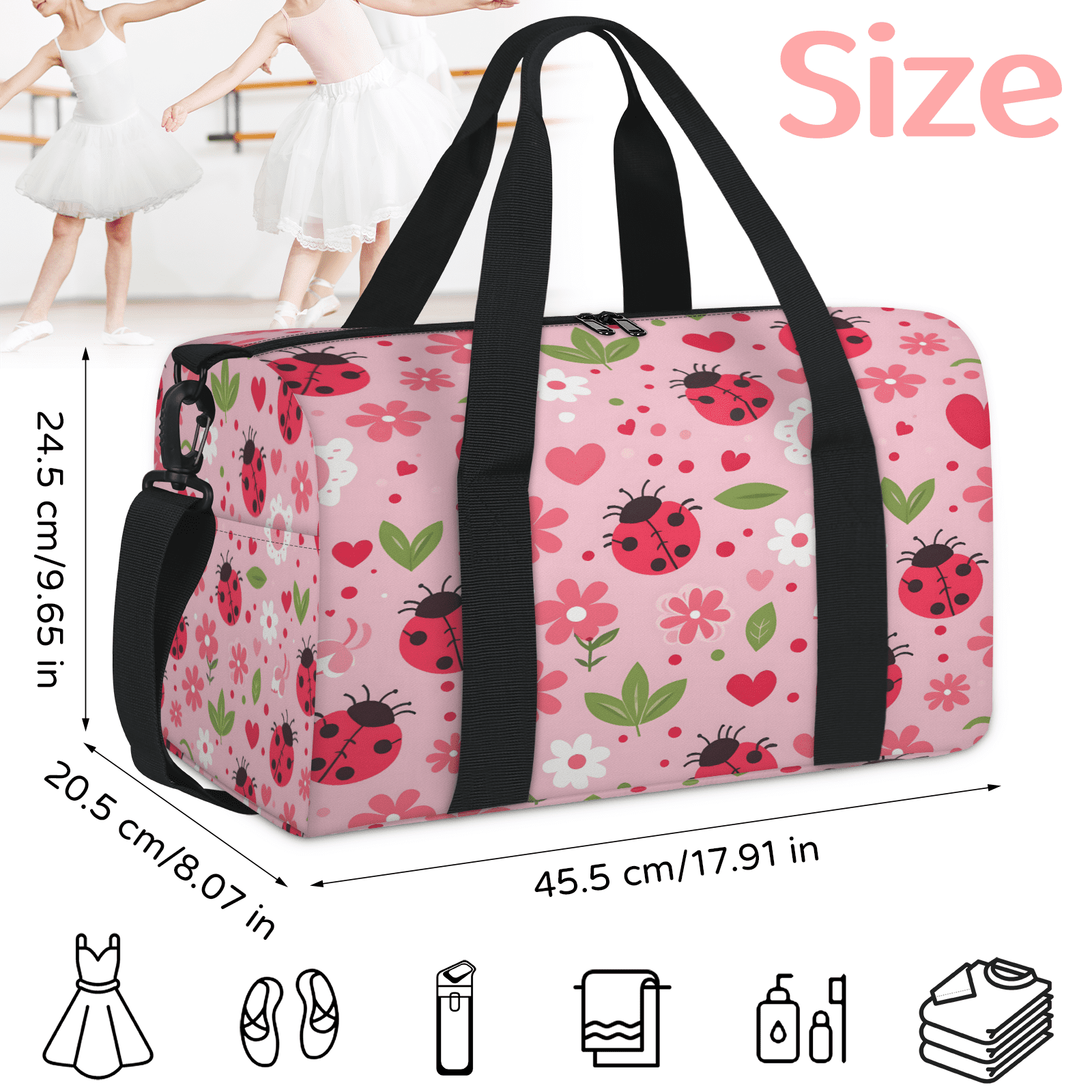 Herdesigns Floral Ladybugs Gym Bag for Women, Duffle Bag for Travel Sport, Lightweight Waterproof Carry on Weekender Overnight Dance Yoga Workout Bags