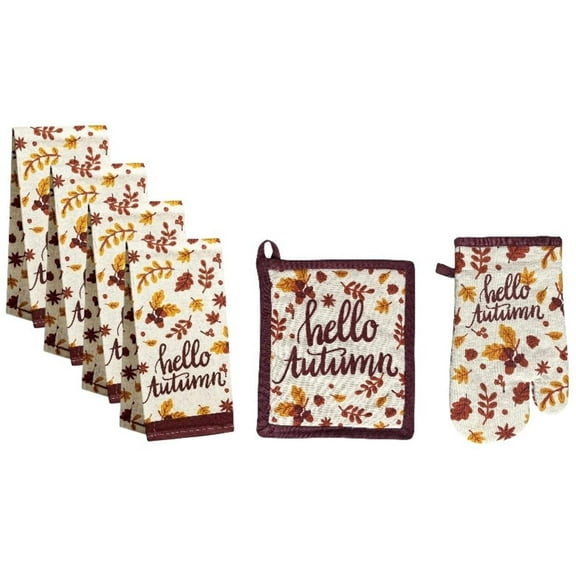 Autumn Fall Leaves Design 6 Pack Halloween, Thanksgiving Decorative Kitchen Towel set, 4 Kitchen Towels, Potholder, Oven Mitt.