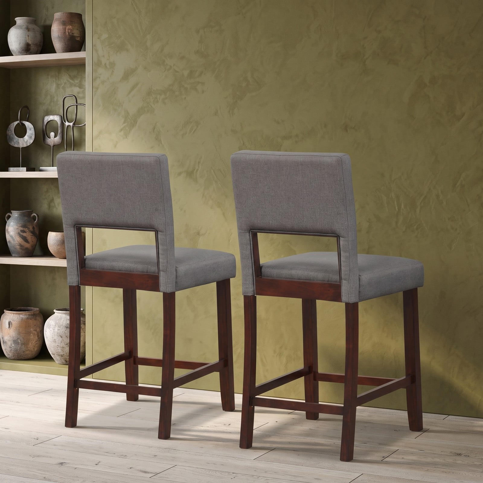 Furnibear Set of 2 Bar Stools with Hollowed Backrest, Rubber Wood Legs, Padded Seat, 24.5 Inch Counter Height Bar Chairs for Kitchen Pub Dining Room, 400 lb, Gray