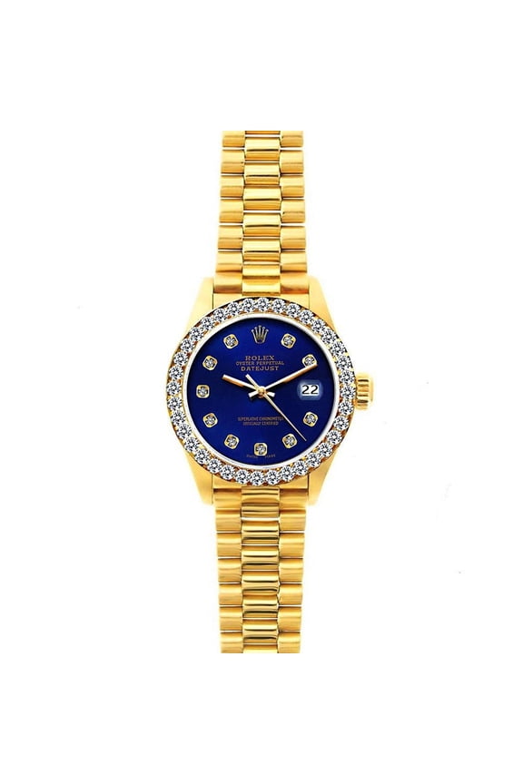 Pre-Owned Rolex Datejust 26MM 69178 Blue Diamond Dial Diamond Bezel 18K Yellow Gold President Bracelet 1.2ct