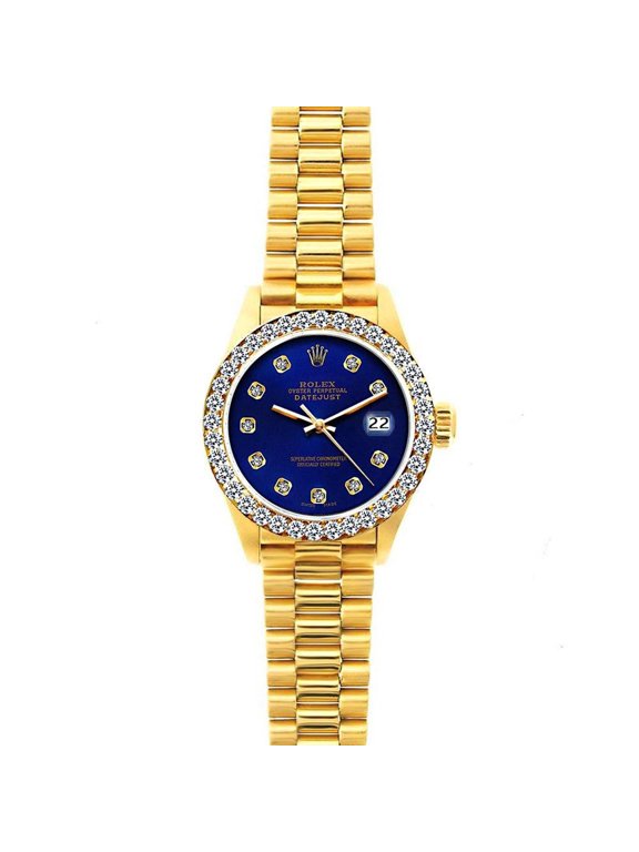 Pre-Owned Rolex Datejust 26MM 69178 Blue Diamond Dial Diamond Bezel 18K Yellow Gold President Bracelet 1.2ct