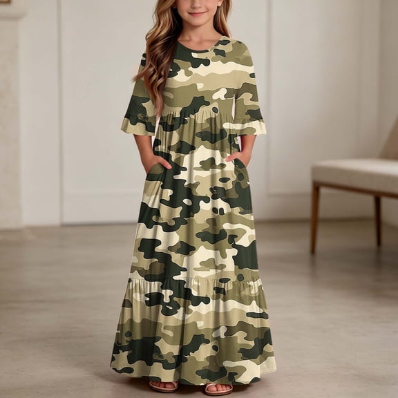 Little Girls Maxi Dress 4-14 Years Ruffle Half Sleeve Round Neck Floral Print Tiered Long Dress with Side Pockets Army Green G 9-10 Years