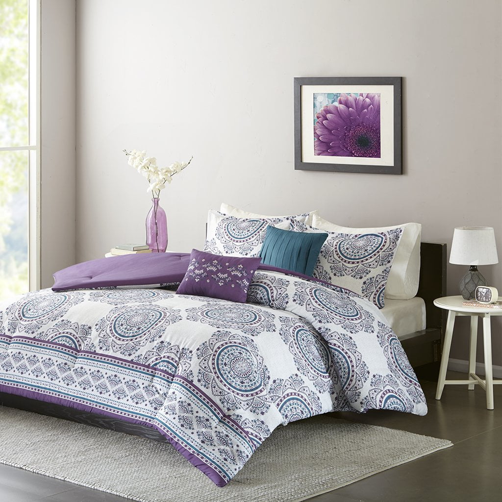 Anika Comforter Set 4 Piece Purple And Teal Printed Medallion Pattern Twin Xl Size Includes 1 Sham 2 Decorative Pillows