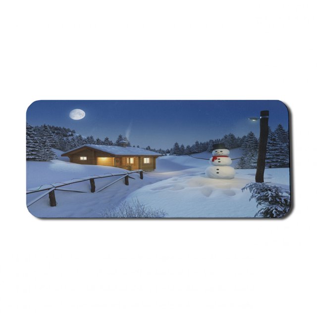 Christmas Computer Mouse Pad, Wooden Rustic Log Cottage Scenery in the Winter Season Warm Moonlight, Rectangle Non-Slip Rubber Mousepad X-Large, 35" x 15" Gaming Size, Blue White, by Ambesonne