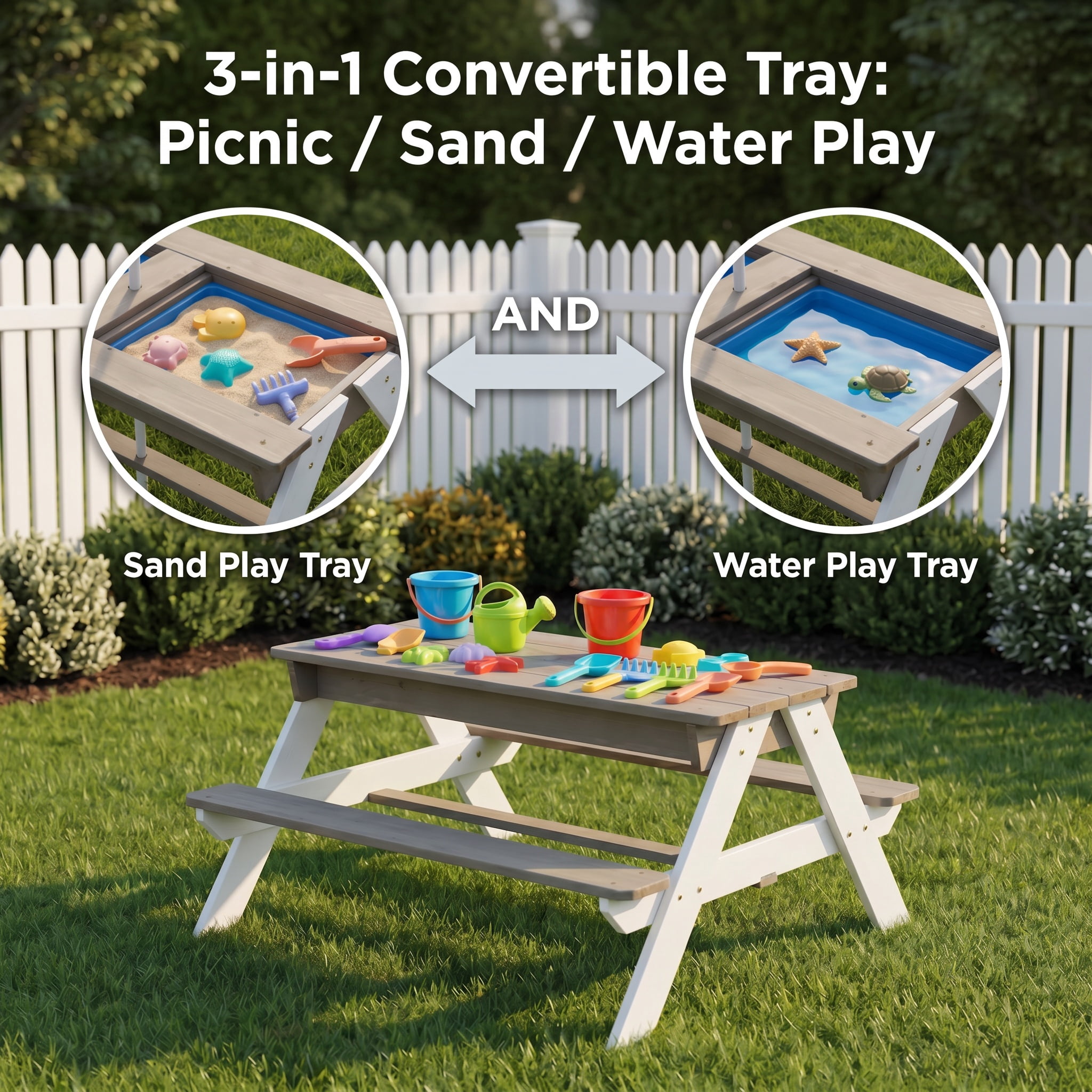 Wooden Kids Picnic Table, Sand and Water Table with Umbrella, Activity Table for Outdoor Backyard Patio Play