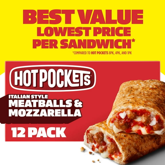 Hot Pockets Meatballs and Mozzarella Garlic Buttery Crust Sandwich Snacks 54 oz, 12 Pack (Frozen)