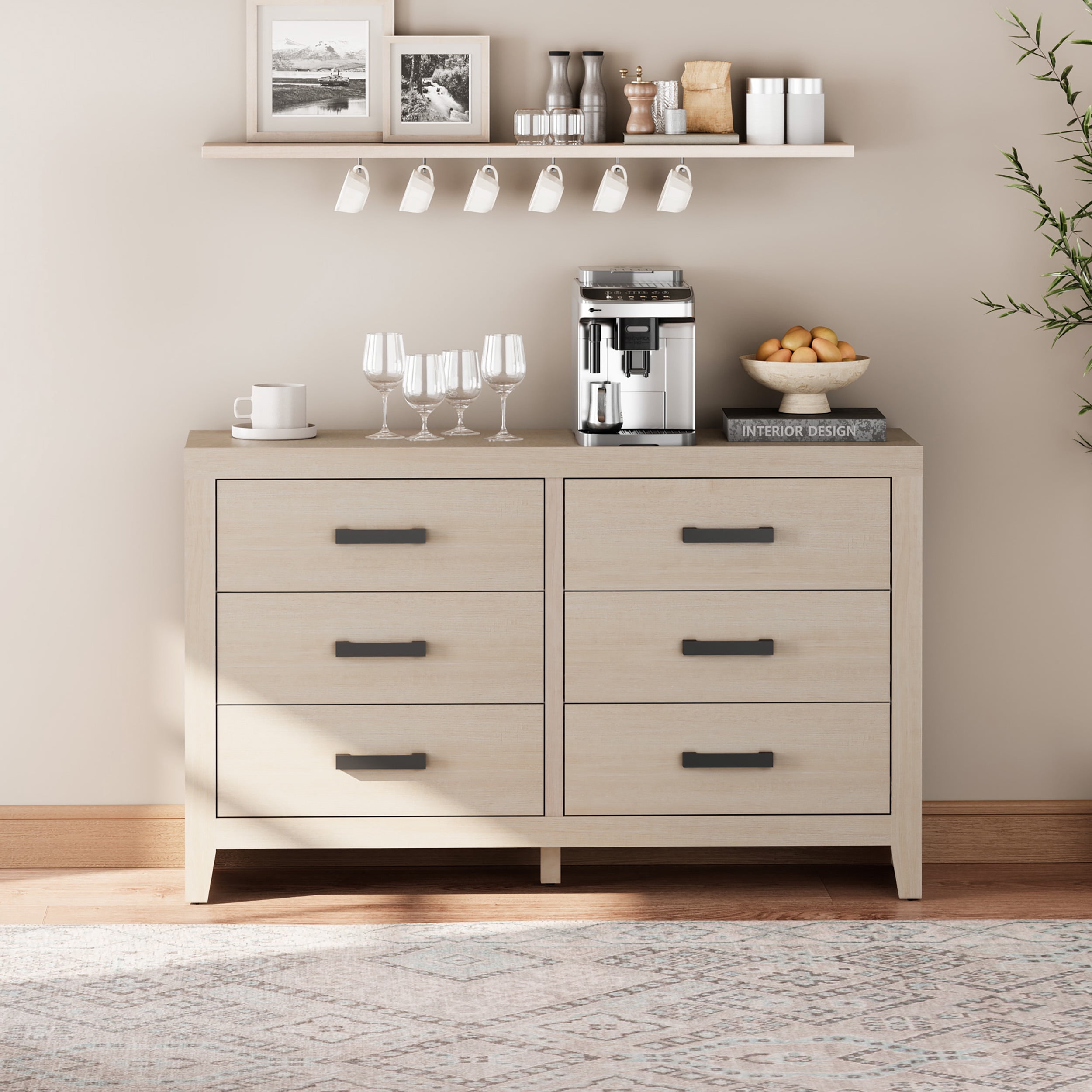 WAMPAT Farmhouse Wooden Sideboard with 6 Drawers, 53 Inch Wide Rustic Storage Sideboard Cabinet, Multi-Functional Buffet Cabinet for Living Room, Dinning Room, Beige