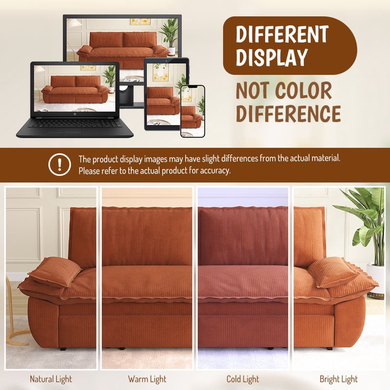 Convertible Queen Pull Out Sofa Bed, 3-in-1 Corduroy Sleeper Bed Loveseat Sofa with Cushion Armrest for Living Room, 73.2'' Futon Couch for Small Place