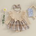 thumbnail image 4 of Gupgi Infant Girl Ribbed Dress Baby Ruffle Long Sleeve Plaid Print Skirt Romper with Headband, 4 of 8