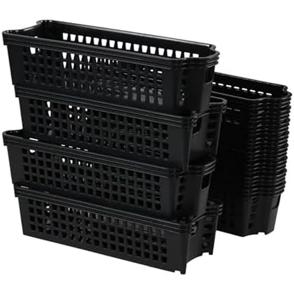 12 Pack Narrow Plastic Storage Basket, Stacking Slim Plastic Baskets, Black