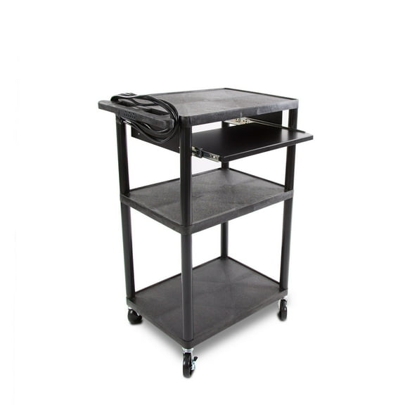 Line Leader Plastic AV Cart with Keyboard Tray | Mobile Workstation with 4 Rolling Casters and 2 Locking Brakes Heavy Duty, Holds up to 400 lbs Perfect for Offices and Schools (Black / 24 x 18 x 34)