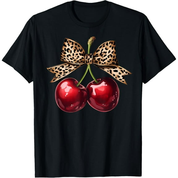 Premium model-Unisex-100% cotton-Retro Cherry Leopard Coquette Bow Cute Cherries Women Girls T-Shirt