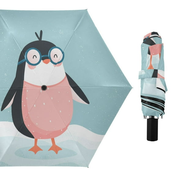Cartoon Penguins with Swimming Suit All Weather Umbrella Triple Folding Parasol 6 Ribs UV Protection Portable