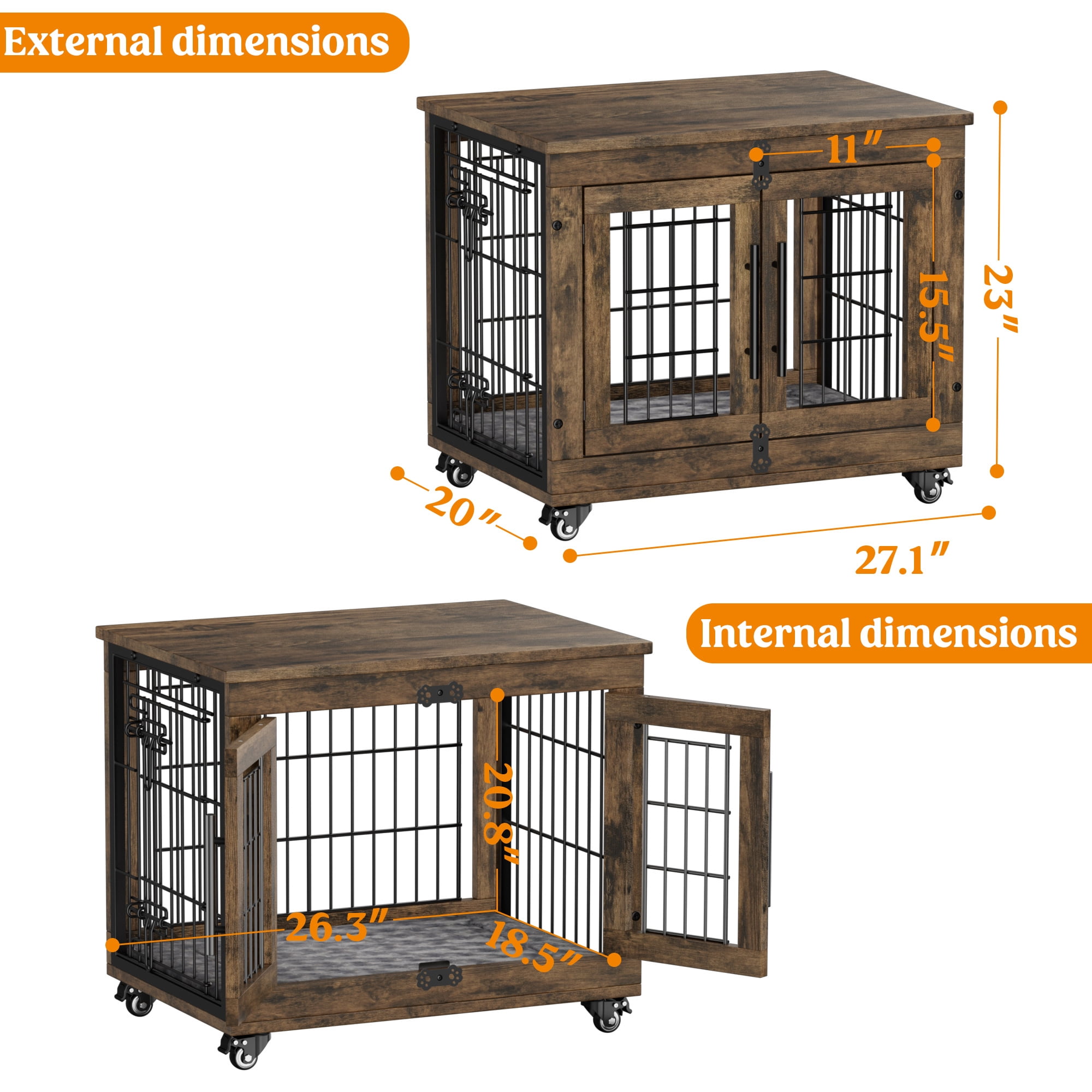 LainTene Wooden Dog Crate Furniture, Double Doors Dog Kennels for Inside with Pads and Wheels, Heavy Duty Dog Cage for Small Dogs, Brown